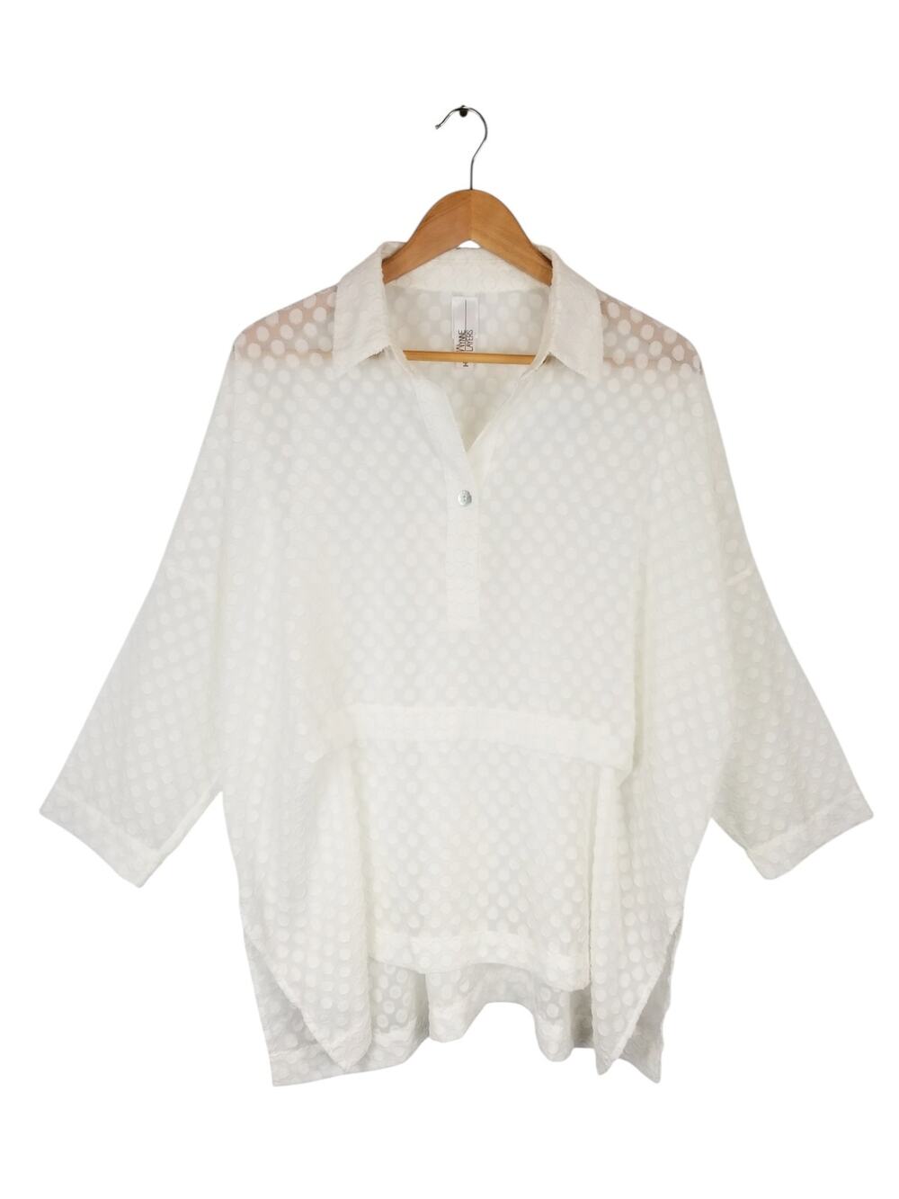 Marla Wynne Layers Unstructured Boxy Fit Sheer Popover Shirt Swiss Dot White XL
